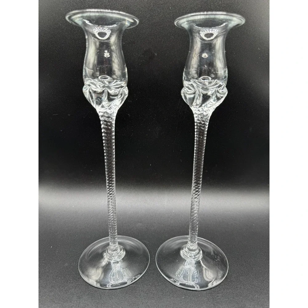 Art Glass Pair Candlesticks Vtg. Optic Twist Stem Floral Tulip Cottage Regency‎